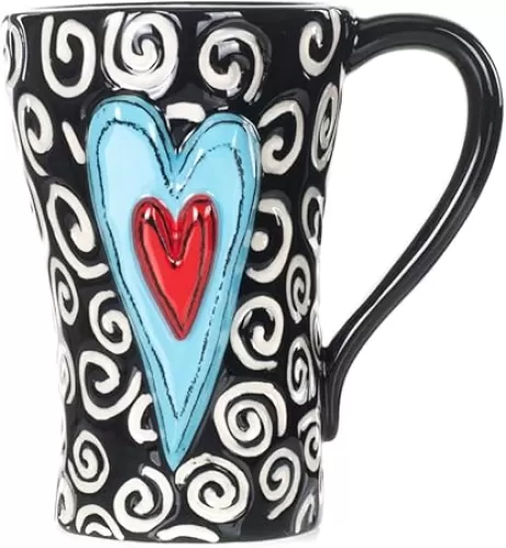 DEMDACO Tracy Pesche White Swirls Hearts Midnight Black 15 Ounce Glossy Ceramic Stoneware Coffee Cup Mug
