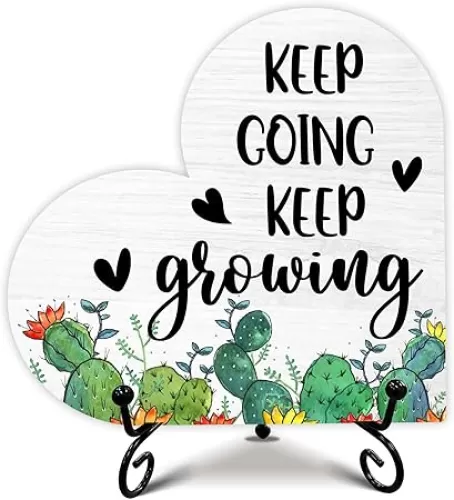Desk Decorations For Women men Office, Keep Going Keep Growing, Inspirational Positive Gift, Gift For Him Her, Wooden Heart-Shaped Plaque, 5x5 Inches.