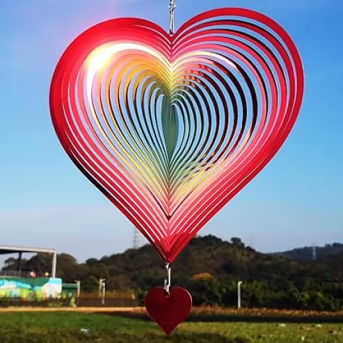 DJUAN Wind Spinner Red-Yellow Gradient Love Heart 3D Metal Hanging Wind Spinners Worth Gift Stainless Steel Yard Art Decorations Indoor/Outdoor Kinetic Wind Sculptures & Spinners