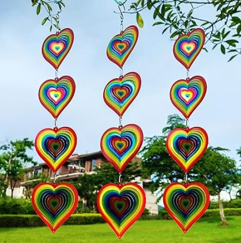 DJUAN Wind Spinners Outdoor Garden Decor, Colorful Heart Metal Hanging Ornaments for Yard Lawn Window Ceiling Home Christmas Day Party Wedding Decoration, Birthday Gifts for Mom Grandma Women Aunts