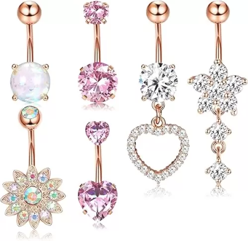 Dochais 6PCS Surgical Stainless Steel Dangle Pink Belly Button Rings for Women Heart Flower Cubic Zirconia Dangling Belly Button Piercing Navel Piercings Pack