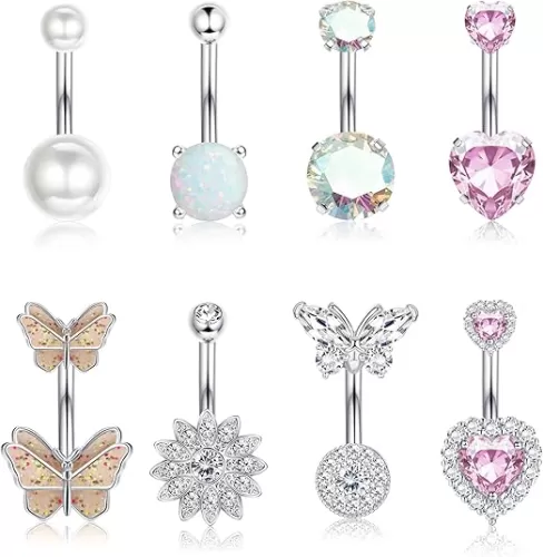 Dochais 8Pcs Surgical Stainless Steel Belly Button Rings for Women - Cute Pink Butterfly Cubic Zirconia Heart Body Piercing Jewelry