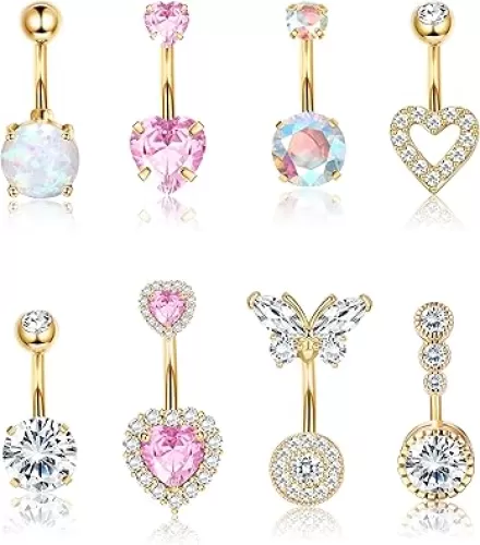 Dochais Pink Heart Belly Button Ring Piercing 8Pcs 14G Surgical Stainless Steel Navel Piercing Jewelry Hypoallergenic Cute Opal Butterfly Belly Button Rings for Women