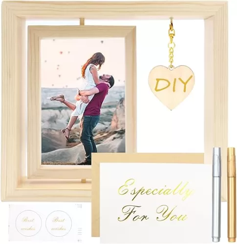 E-Bro Double Sided Rotating Floating 4x6 Rustic Wood Picture Frame with DIY Heart-Shaped Pendant - Romantic Wedding Gifts for Couples, Unique Engagement Gift (Wood Grain)