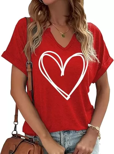 Earlymemb Womens Lover Heart Graphic V Neck Shirt Valentines Funny Couple Matching Casual Short Sleeve Tee Tops