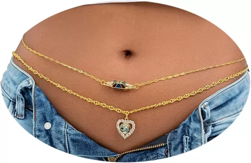 ELABEST 2PCS 18K Gold Plated Waist Chains Layered Gold Belly Chains Evil Eye Waist Chain Gold Body Chains for Women