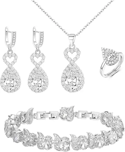 EVER FAITH Wedding Prom Four Clovers Jewelry Set for Women, Teardrop Cubic Zirconia Necklace Hoop Dangle Earrings Bracelet Open Ring Sets Anniversary Birthday Engagement Gift for Friend Lover Wife
