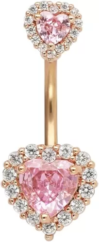 Excepro 14G(1.6mm) Double Heart Cubic Zirconia Navel Belly Button Ring 316L Surgical Steel Piercing Jewelry
