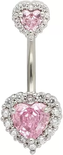 Excepro 1PC 14G(1.6mm) Double Heart Diamond Cubic Zirconia Navel Belly Button Ring 316L Surgical Steel Piercing Jewelry