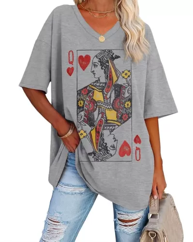 Fazortev Womens Oversized Queen Of Hearts Graphic T Shirts Casual V Neck Half Sleeve Summer Loose Tees Tunic Tops
