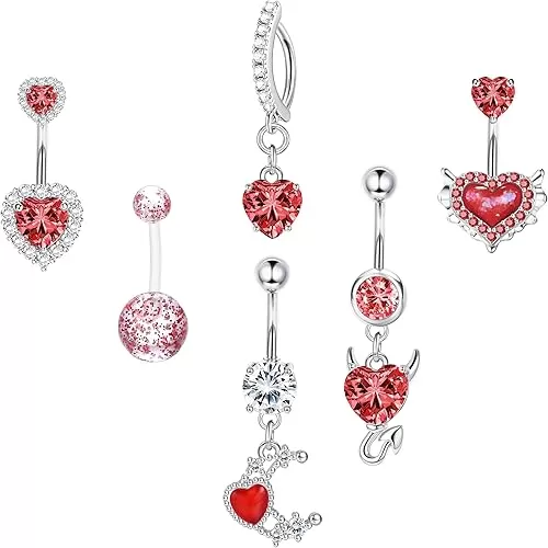 FIASASO 6pc Belly Ring Set - Hypoallergenic Steel 14G Dangle Navel Piercing Jewelry - Heart CZ Stones Silver, Pink, Blue, Red