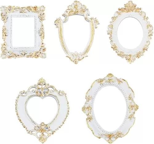 FINGERINSPIRE 5 Style Vintage Resin Frame Mini Resin Jewelry Display Frame, Oval Teardrop Rectangle Heart Shape Picture Frame Light Khaki Retro Embossed Small Antique Picture Frame for Photography