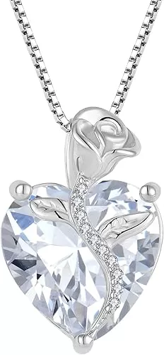 FJ Love Heart Necklace 925 Sterling Silver Rose Flower Pendant Birthstone Jewelry for Women