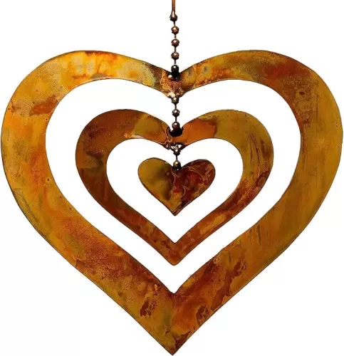 Flamed Copper Finish Triple Spinning Heart Metal Garden Art Hanging Spinner