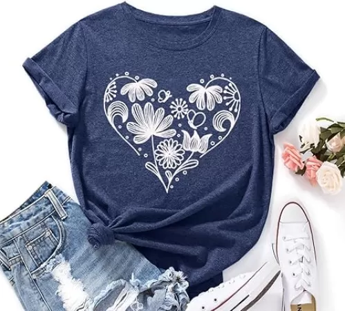 Flower Tshirts Shirts for Women Cute Dandelion Tshirt Casual Short Sleeve Wildflower Floral Heart Print Graphic Tee Tops