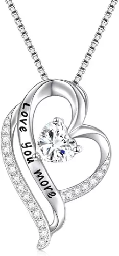FLYOW Gifts For Mom I Love You More Heart Necklace for Women 925 Sterling Silver CZ Pendant Mother Daught Jewelly