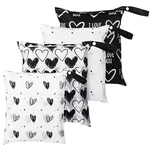 Frienda 4 Pieces Wet Dry Bag for Baby Waterproof Reusable Washable Diaper Bag Sealed with Handle for Travel, Beach, Swimsuit, Diapers, Dirty Gym Clothes and Toiletries (Heart)