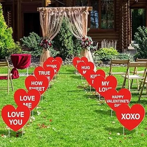 Glenmal 12 Pcs Valentine's Day Yard Signs Red Heart Outdoor Yard Decor with Stakes 11 x 10 Inch Waterproof Heart Letter Yard Signs Lawn Yard Decorations Outside for Wedding Anniversary Party (Heart)