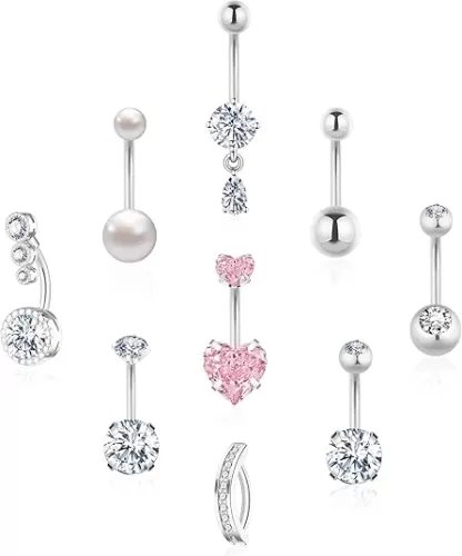 Gold Silver Belly Button Ring Surgical Stainless Steel Belly Rings for Women Pink Heart Clicker Pearl CZ Teardrop Dangle Navel Belly Button Piercing Jewelry