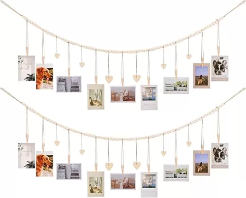 Hanging Photo Display Room Wall Decor, Boho Collage Picture Frame Christmas Cards Holder with 9 Wood Clips and 6 Wooden Hearts Tags, Xmas Card Display for Bedroom, Office, Nursery, Dorm Decor, 2 Pack