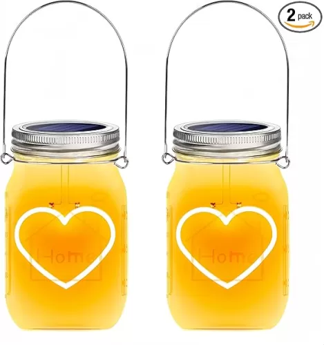 Hanging Solar Mason Jar Lights, 2 Pack Warm Heart Shape Led Lights, Solar Powered Lanterns Outdoor Waterproof, Hangers and Jars Included, Gift for Lover, Home Party Wedding Garden Patio Decor (2)