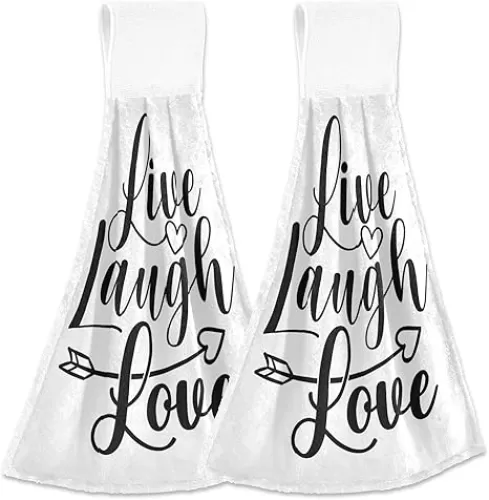 Heart Live Laugh Love Kitchen Hand Towel Absorbent Hanging Tie Towels with Loop for Bathroom 2 Pcs