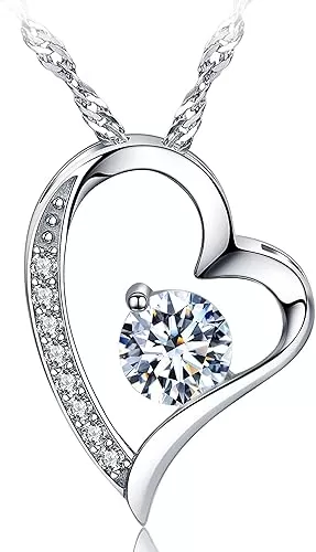 Heart Necklace 14K White Gold Plated Round Cut Cubic Zirconia Forever Lover Heart Pendant Necklace for Women (Clear)