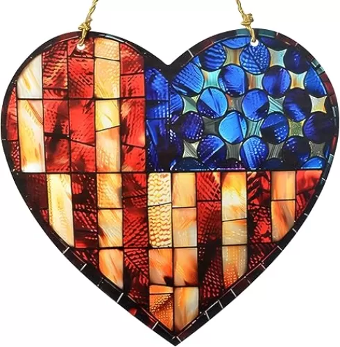 Heart Shape Sun Catcher, Handmade Heart Shape Stained Windows Hanging, Acrylic Heart Shape Window Panel Wall Outdoor Garden Decor, July 4th Gifts for Mom, Lover, Teachers
