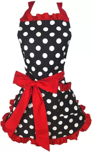 Hyzrz Cute Apron Retro Black Polka Dot Retro Ruffle Side Vintage Cooking Aprons with Pockets for Women Girls (Side Red)