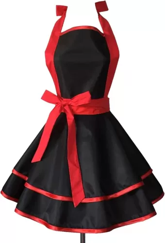 Hyzrz Lovely Handmade Cotton Retro Black Aprons for Women Girls Cake Kitchen Cook Apron for Mother's Gift (Red)