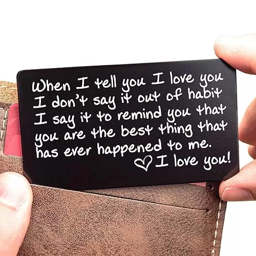 I Love You Card for Wallet – Surprise Valentines Day Gift for Him - Voted Best Anniversary Gift for Women and Men - Engraved, Durable, and Stays in Their Wallet Forever - Black Envelope Included