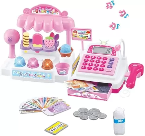 Ice Cream Store Mini Cash Register with Pretend Play Desserts, Working Scanner, Calculator, Microphone, Money and Credit Card