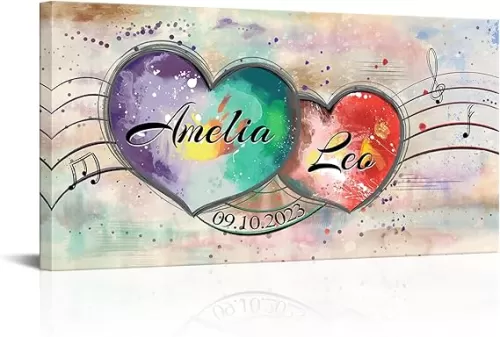 iLOOKLiKE Personalized Heart in Heart Shaped with Couple'S Names and Special Date Wall Art Decor Custom Romantic Colorful Music Canvas Poster Prints Framed Love Gift for Him Her Anniversary Wedding