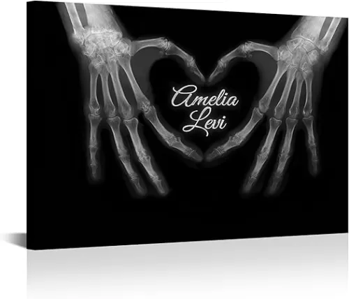 iLOOKLiKE Personalized Wall Art for Couples with Names in Skeleton Heart Shaped Hand Signs Black Xray Canvas Prints Custom Cool Poster Framed Love Gifts for Him Her Anniversary Wedding 8×12inch