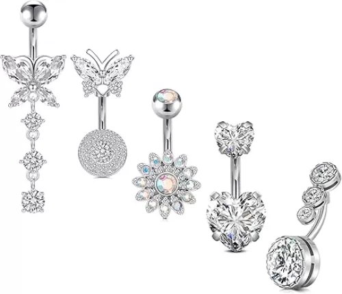 Incaton 14G Belly Button Rings Butterfly Heart Diamond, Stainless Steel Dangle Belly Rings For Women, 6mm Short Bar/ 10mm Hypoallergenic Navel Piercings