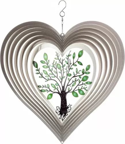 ISEO Silver Heart Wind Spinner for Yard and Garden, Hanging Outdoor Decor, Yard Art, Porch and Patio Decorations, Metal Wind Spinners Outdoor, Weather Resistant, 12”