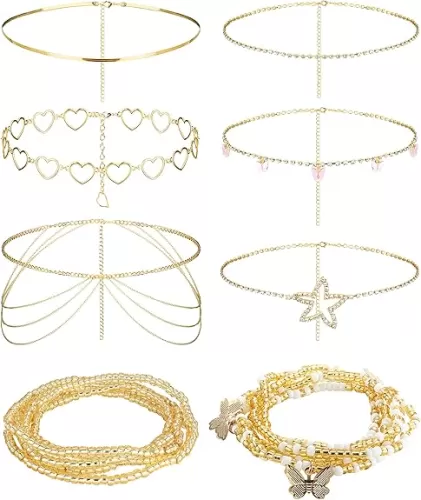 JOERICA 8PCS Gold Waist Chain for Women Belly Chains Adjustable Star Butterfly Heart Rhinestone Waist Chain Belly Beads Summer Body Chain Jewelry