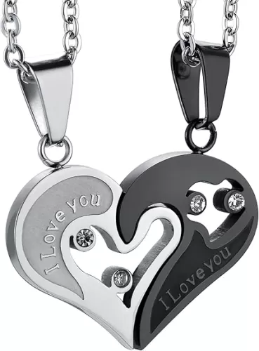 Jstyle Stainless Steel Mens Womens Couple Necklace Pendant Love Heart CZ Puzzle Matching