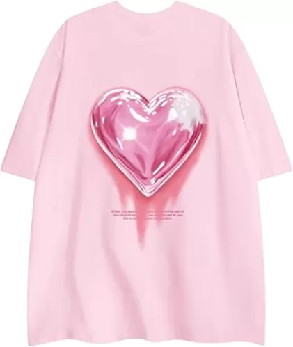 KIEKIECOO Oversized Graphic Tees for Women Cute Shirts for Teens Girls Casual Heart Shirt Men Cotton Tshirts Loose Fit
