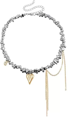 KURTCB Heart Pendant Necklace Y2k Irregular Beads Fringe Chain Choker Necklace for Women