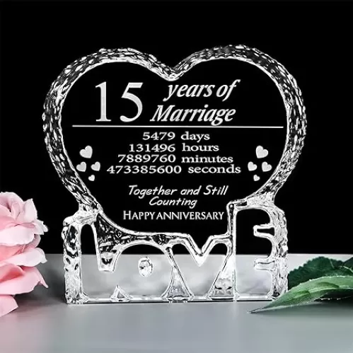 KWOOD Customized Engraved Heart-Shaped Crystal, 15 Year 15th Anniversary Wedding Gifts for Couples Wife Girlfriend Husband Boyfriend (15th Anniversary)