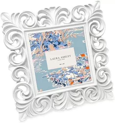 Laura Ashley 4x4 White Vintage Inspired Resin Scroll Design Picture Frame with Thin Border, Horizontal & Vertical for Tabletop and Wall Display, Home Décor (4x4, White)