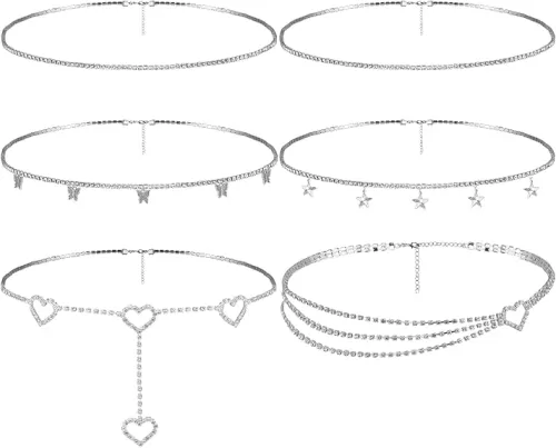 Lenwen 6 Pcs Rhinestone Waist Belly Chain for Women Crystal Butterfly Waist Chain Silver Bikini Body Chains Summer Heart Belly Chain Beach Waist Belt Chain Jewelry for Women