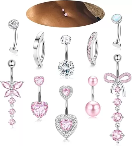 LOLIAS 10 Pcs Gold Belly Button Ring -Dangle Surgical Stainless Steel Belly Rings for Women 14G CZ Heart Opal Clicker Floating Navel Belly Button Piercing Silver/Gold/Pink