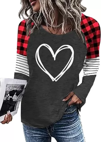 Love Heart Shirt for Women Buffalo Plaid Valentines Graphic Tees Striped Splicing Sleeve Tops Blouse