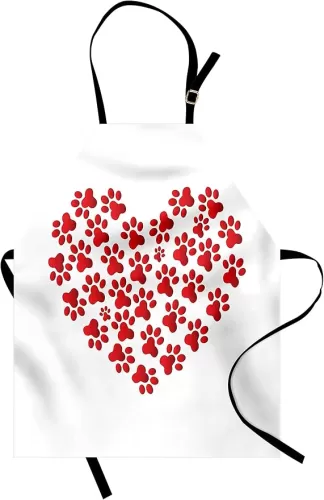 Lunarable Cat Apron, Heart Shape with Cat and Dog Paw Print Funny Fashion Modern Romantic Design Print, Unisex Kitchen Bib Apron with Adjustable Neck for Cooking Baking Gardening, Scarlet White