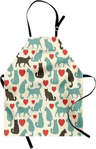 Lunarable Cat Apron, Pattern with Cats Hearts Happy Walking Shape Kitty Domestic Animal Pets, Unisex Kitchen Bib with Adjustable Neck for Cooking Gardening, Adult Size, Turquoise