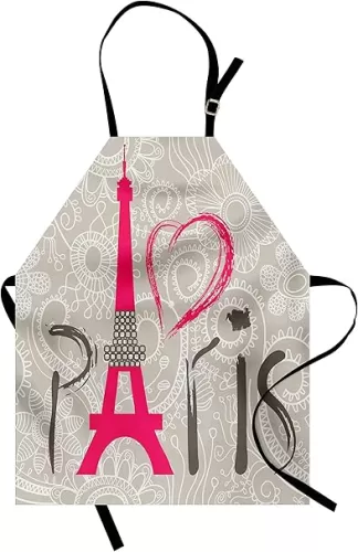 Lunarable Eiffel Tower Apron, Paris Lettering I Love Paris Lace Pattern Background Heart Shape, Unisex Kitchen Bib with Adjustable Neck for Cooking Gardening, Adult Size, Grey Pink