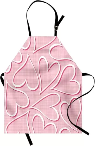 Lunarable Hearts Apron, Valentines Day Themed Abstract Heart Shapes Soft Colors Doodle Pattern Print, Unisex Kitchen Bib with Adjustable Neck for Cooking Gardening, Adult Size, Pink White