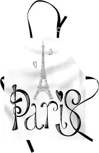 Lunarable Paris Apron, Illustration Eiffel Tower France Heart Shapes Silhouette Vacation Theme Art, Unisex Kitchen Bib with Adjustable Neck for Cooking Gardening, Adult Size, White and Black
